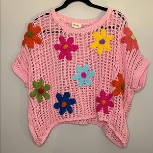 BiBi Pink Knit Top with Multicolor Floral Accents